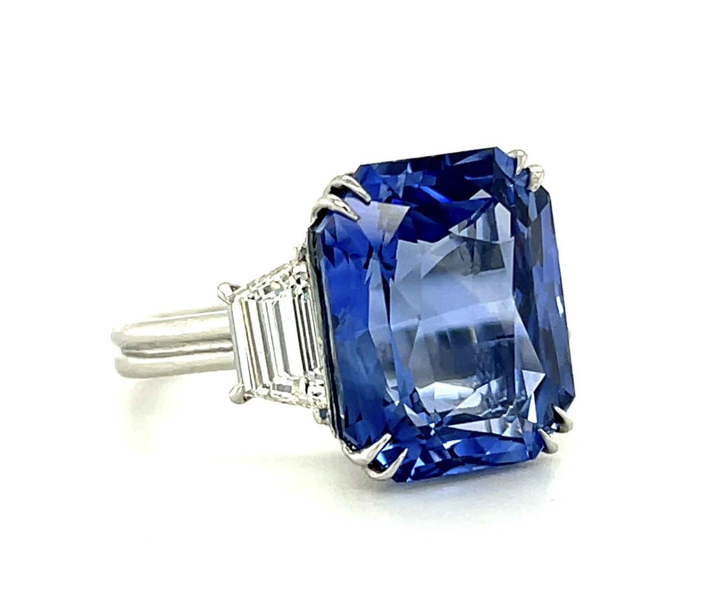 14.57ct Emerald-cut Sapphire (No Cert) 1.46ct Trapezoid Diamond Platinum Ring
