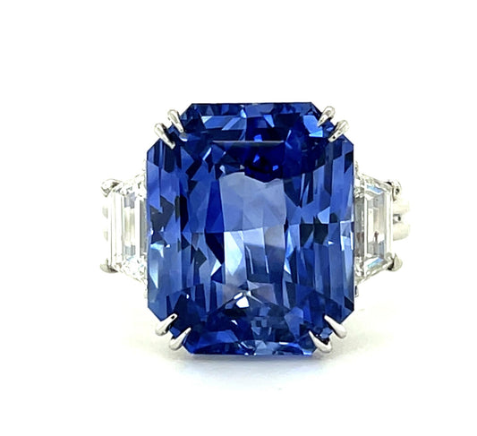 14.57ct Emerald-cut Sapphire (No Cert) 1.46ct Trapezoid Diamond Platinum Ring