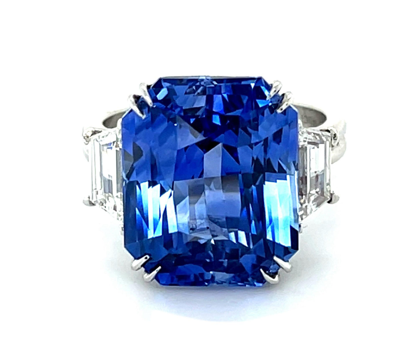 14.57ct Emerald-cut Sapphire (No Cert) 1.46ct Trapezoid Diamond Platinum Ring