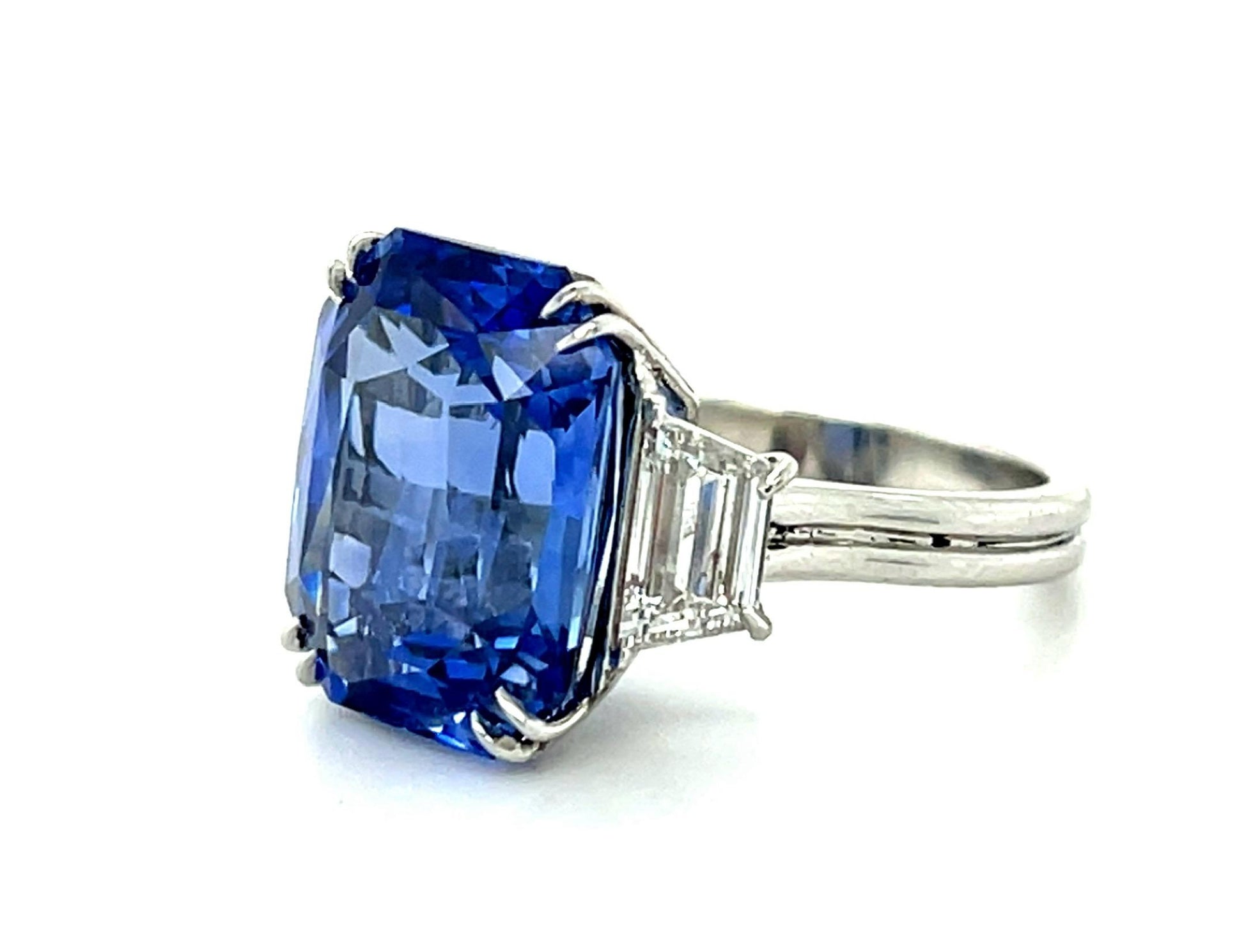 14.57ct Emerald-cut Sapphire (No Cert) 1.46ct Trapezoid Diamond Platinum Ring