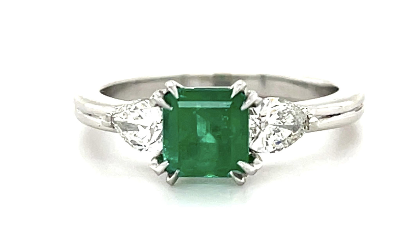 .78ct Emerald .57ct Pear Diamond Platinum Ring