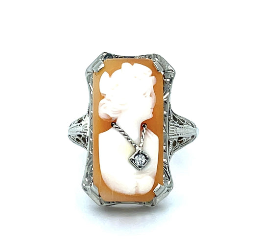 Original Art Deco Cameo .03ct Diamond 14KW Ring