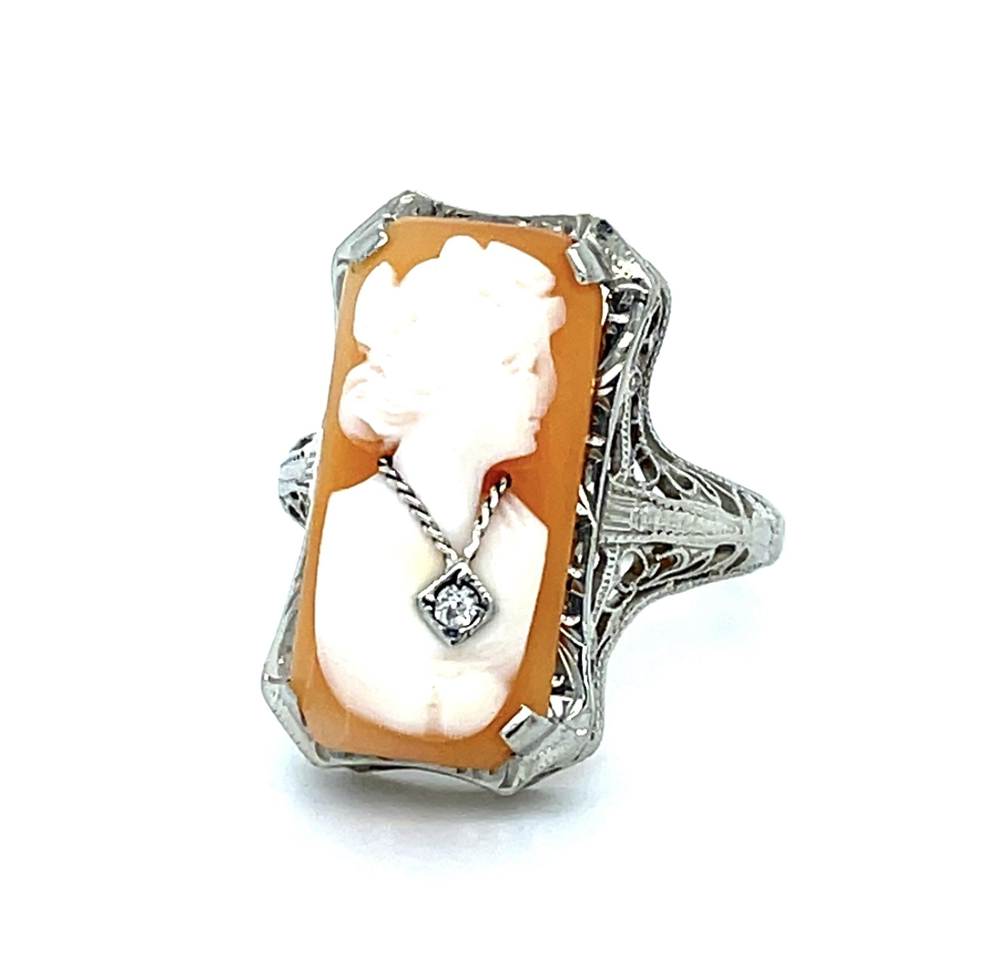 Original Art Deco Cameo .03ct Diamond 14KW Ring