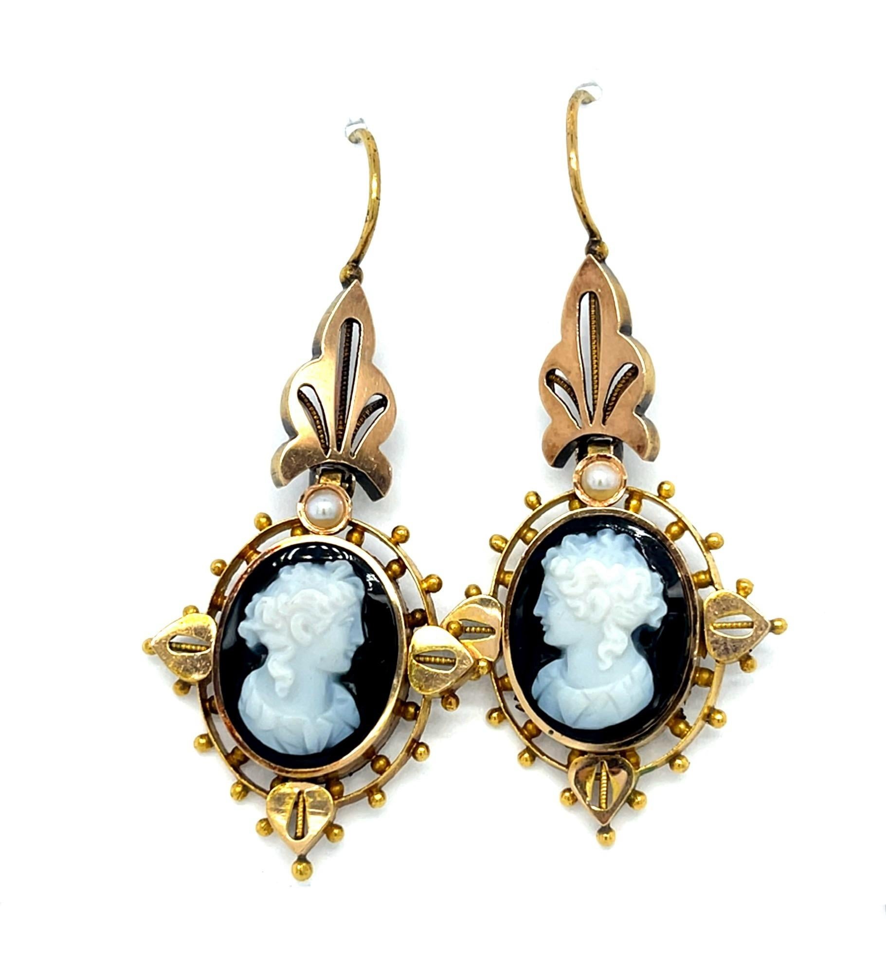 Original Victorian Carved Female Cameo 18KY Earrings (Antique 1860s)