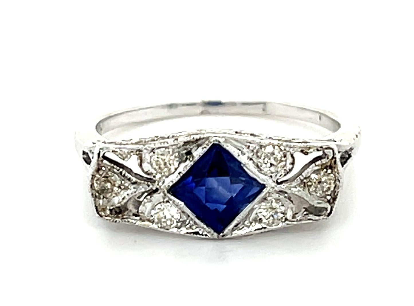 Original Art Deco .24ct Diamond + Blue Stone PT Ring (Antique 1920s)