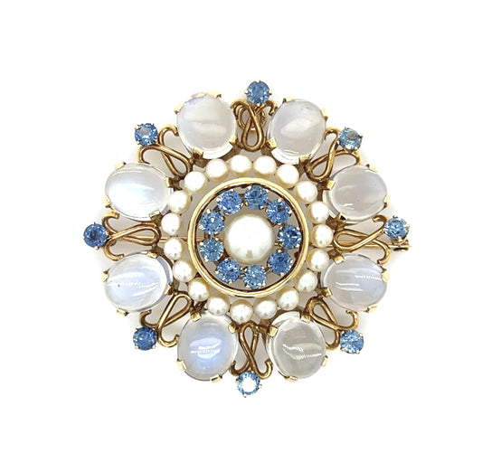 Original Retro 16ct Moonstones with Blue Sheen 3ct Montana Sapphire 18KY Brooch