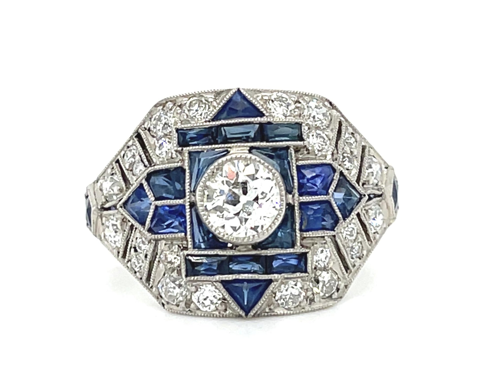 .50ct Old Mine Diamond Platinum Handmade Ring 2ct Sapphire