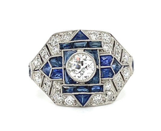 .50ct Old Mine Diamond Platinum Handmade Ring 2ct Sapphire