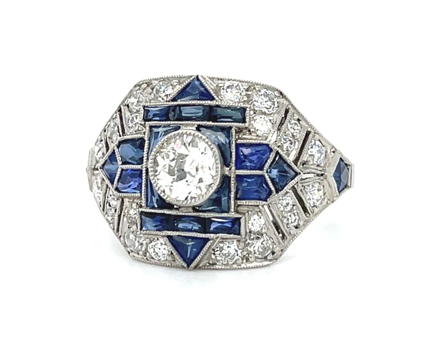 .50ct Old Mine Diamond Platinum Handmade Ring 2ct Sapphire
