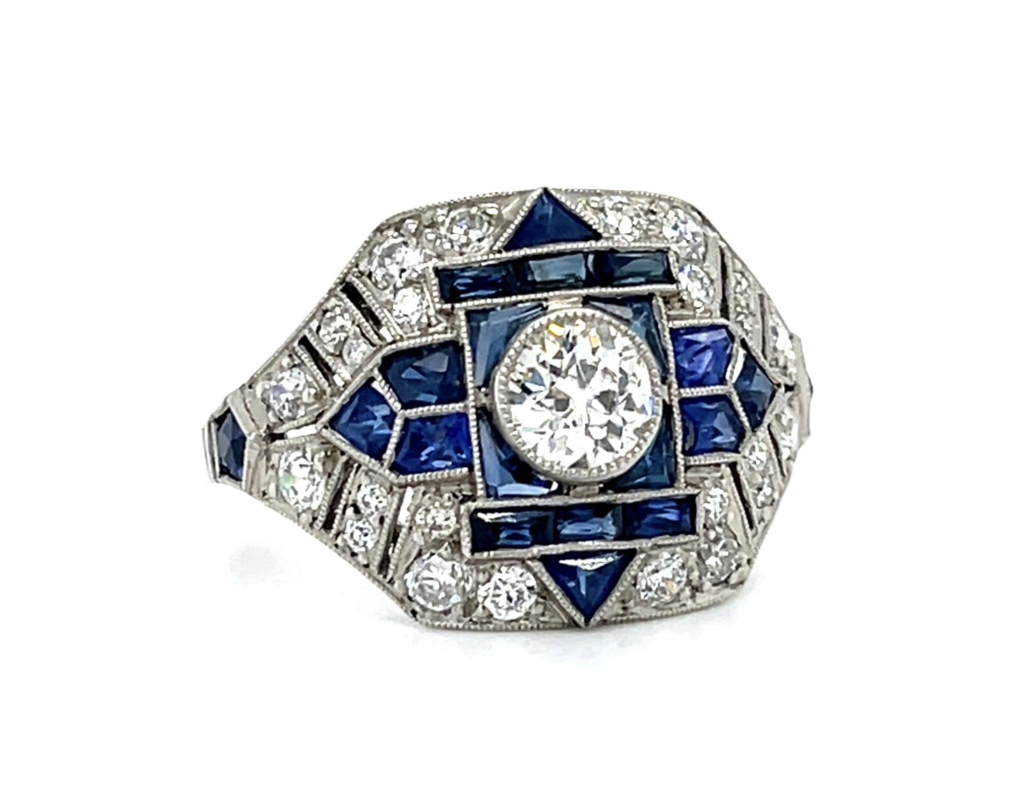 .50ct Old Mine Diamond Platinum Handmade Ring 2ct Sapphire
