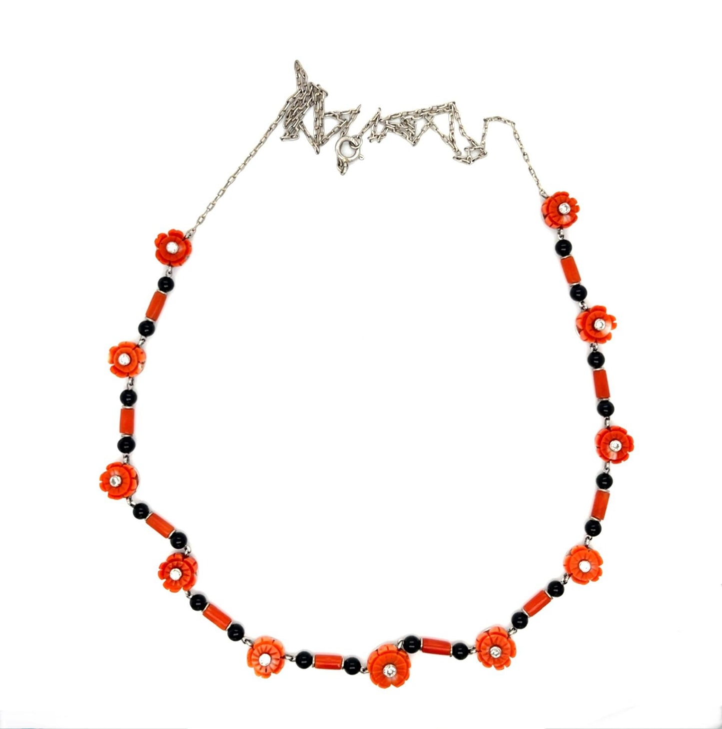 Original Art Deco Flower Coral, Onyx .28ct Diamond Platinum Necklace