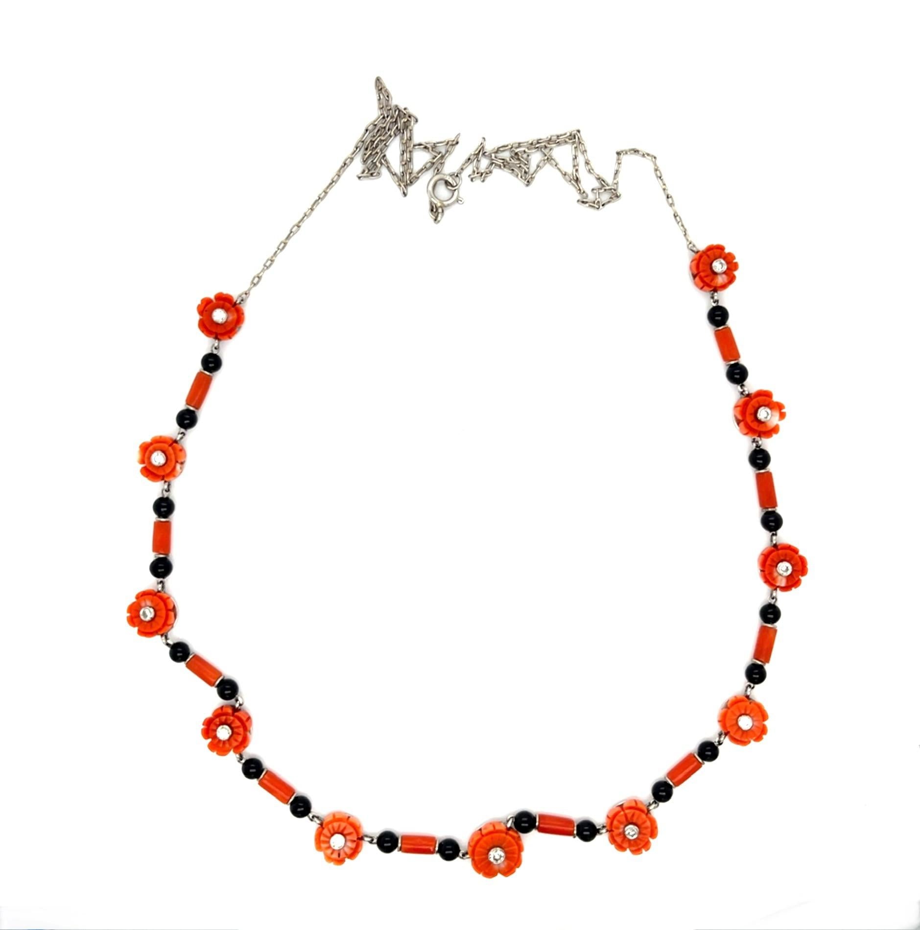 Original Art Deco Flower Coral, Onyx .28ct Diamond Platinum Necklace