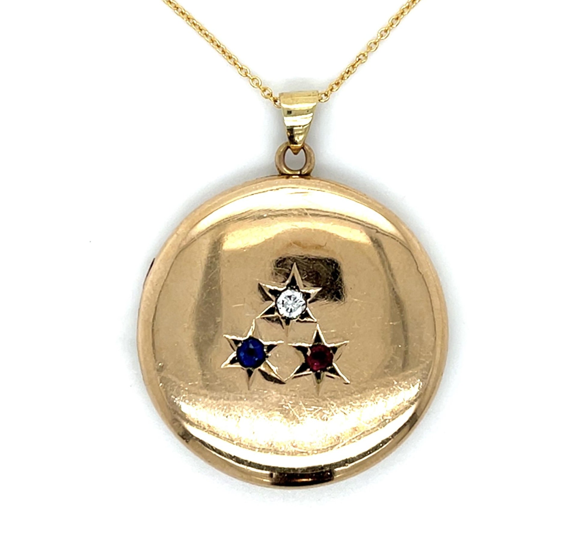 Original Victorian .26ct Ruby + Sapphire 14KY Locket Pendant (Antique 1890s)