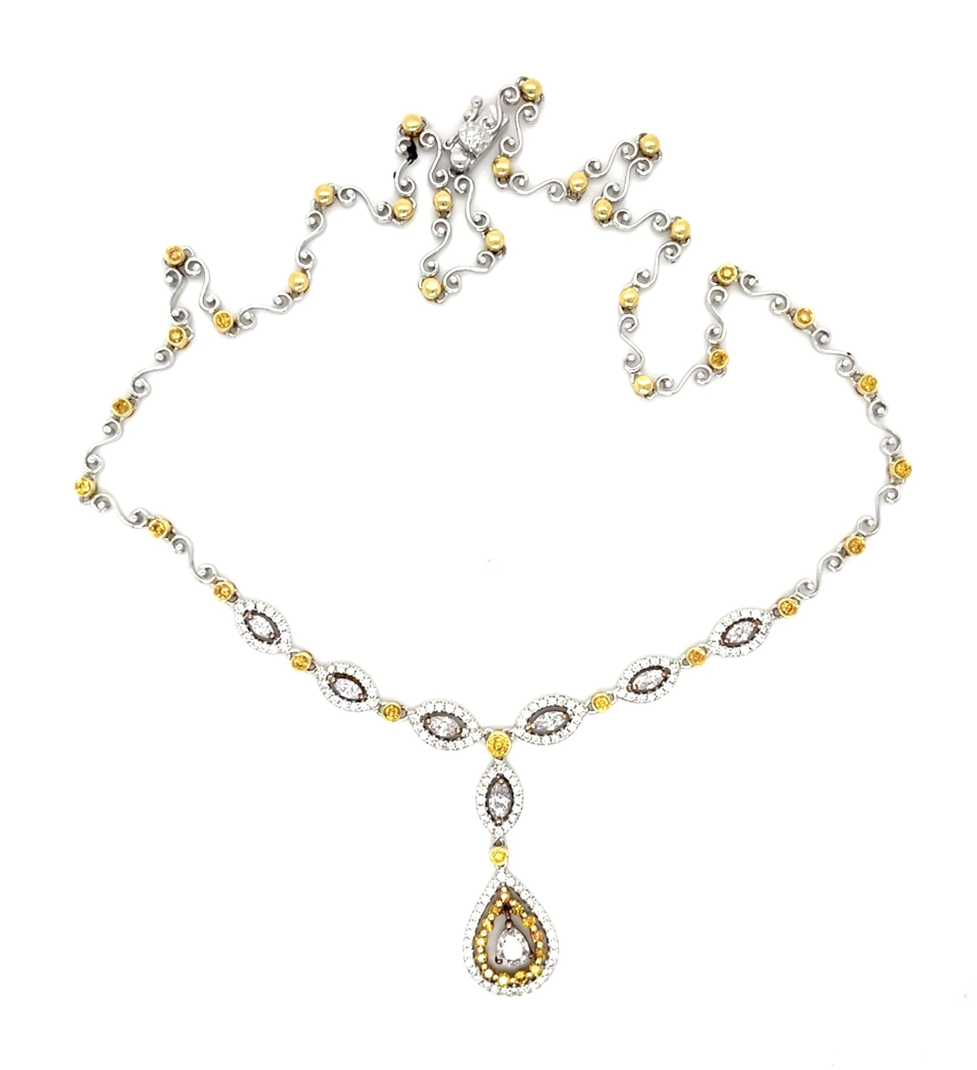 1.39ct White Diamond 1.08ct Fancy Color Yellow Diamond 18KY 2 Tone Necklace