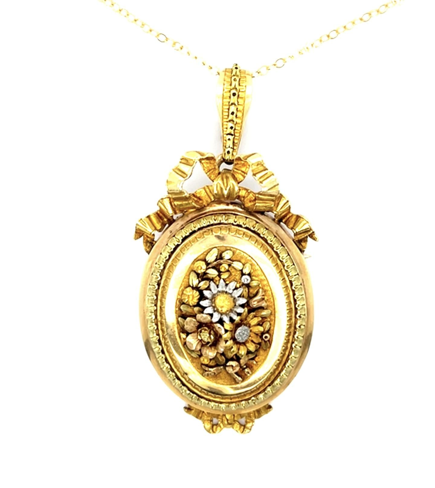 French Victorian 18KY Three Tone Pendant Brooch Flower Bouquet Pendant