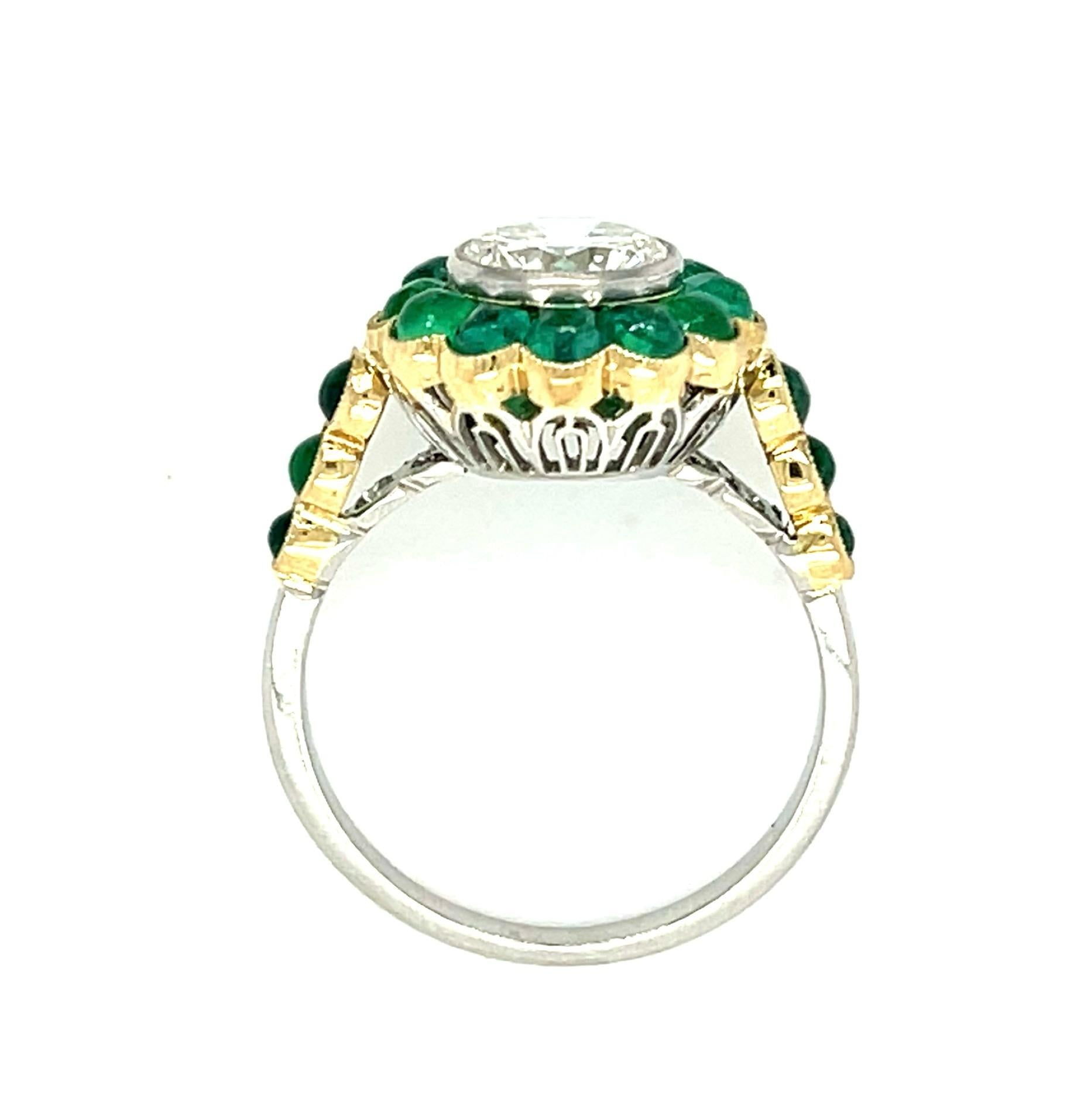 1.36ct H-I VS Round Diamond (No Cert) 3.43ct Cabochon Eme PT+18KY Handmade Ring