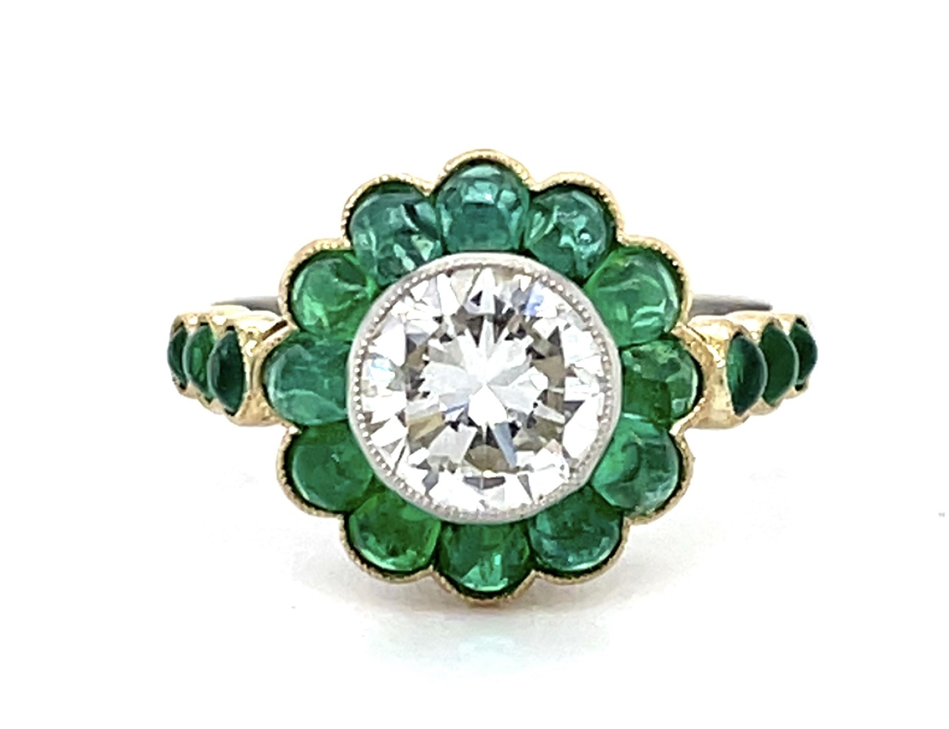 1.36ct H-I VS Round Diamond (No Cert) 3.43ct Cabochon Eme PT+18KY Handmade Ring