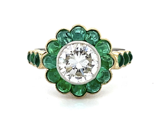 1.36ct H-I VS Round Diamond (No Cert) 3.43ct Cabochon Eme PT+18KY Handmade Ring