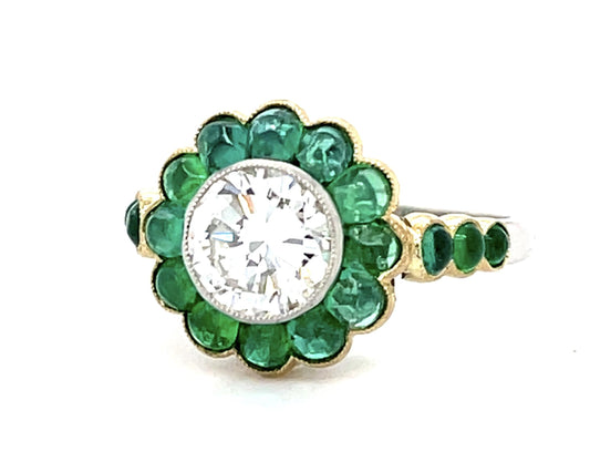 1.36ct H-I VS Round Diamond (No Cert) 3.43ct Cabochon Eme PT+18KY Handmade Ring