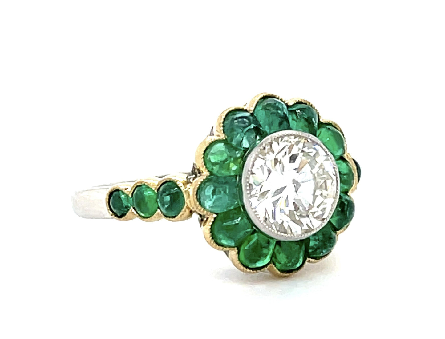 1.36ct H-I VS Round Diamond (No Cert) 3.43ct Cabochon Eme PT+18KY Handmade Ring