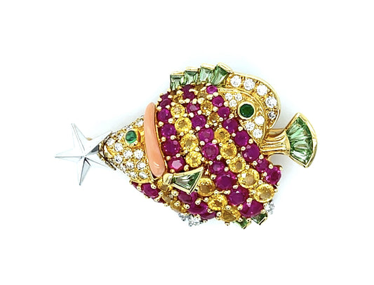 6.26ct Ruby+Yellow Sapphire 18KY Fish Brooch