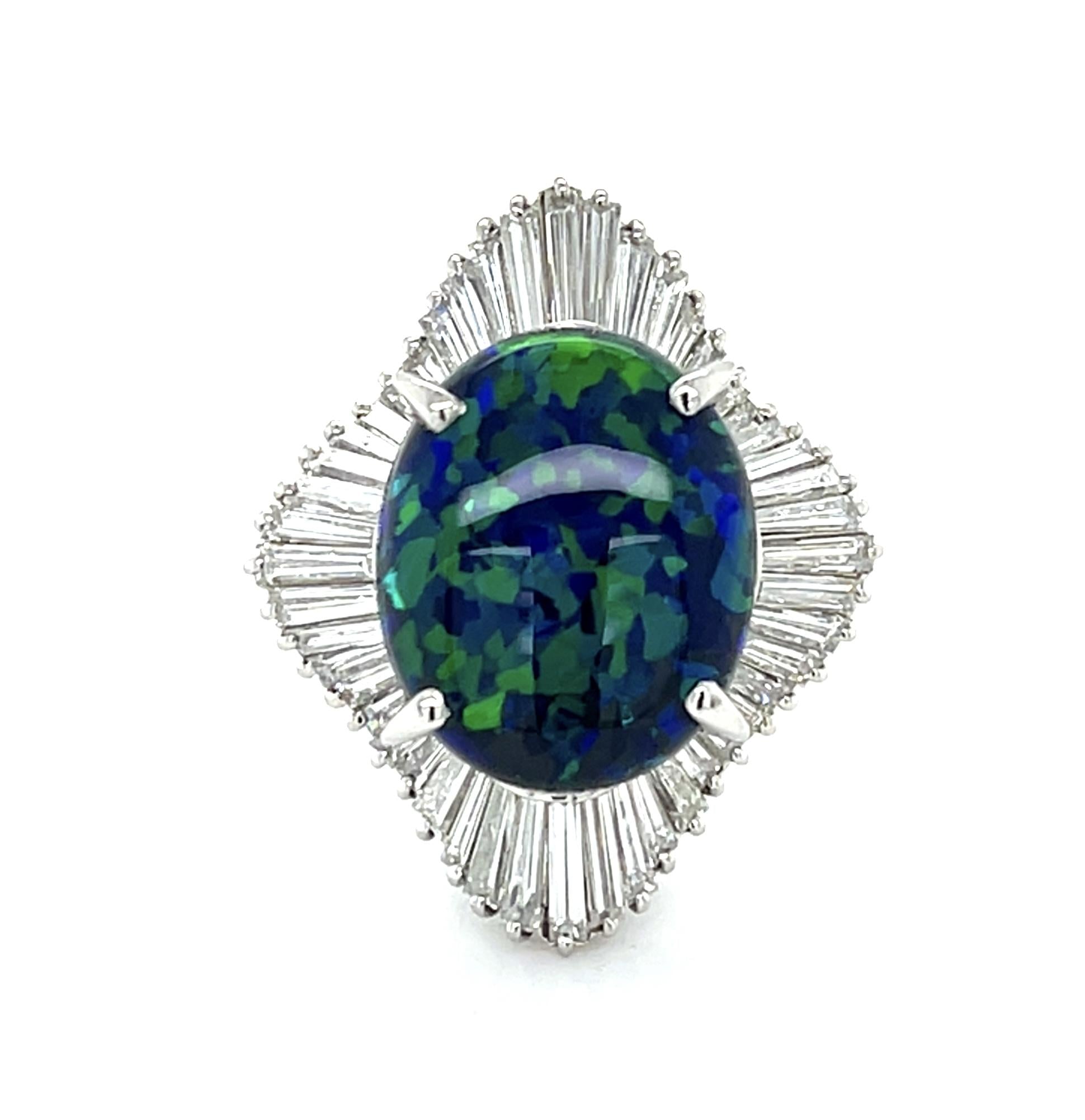 10.05ct Australian Black Opal Platinum Ring 3.20ct Baguette Diamond