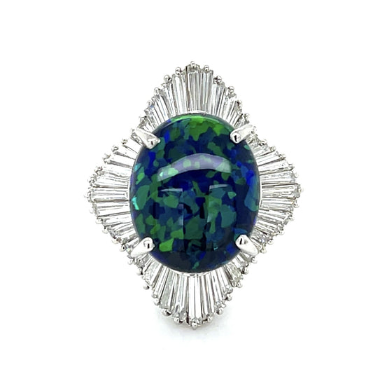 10.05ct Australian Black Opal Platinum Ring 3.20ct Baguette Diamond