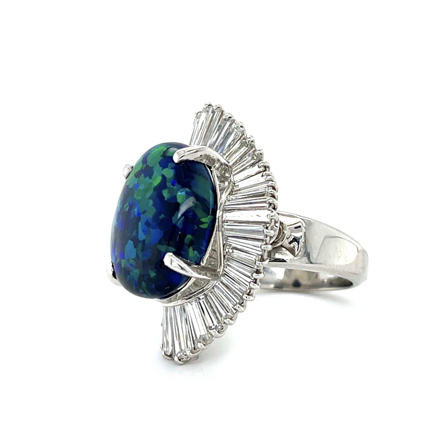 10.05ct Australian Black Opal Platinum Ring 3.20ct Baguette Diamond