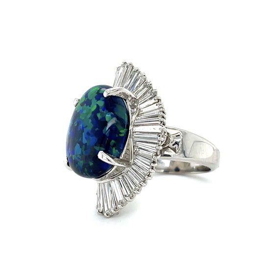 10.05ct Australian Black Opal Platinum Ring 3.20ct Baguette Diamond