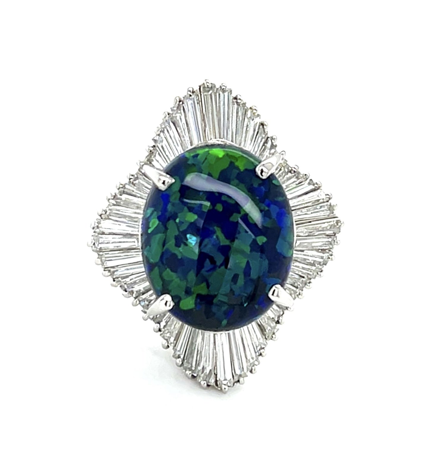 10.05ct Australian Black Opal Platinum Ring 3.20ct Baguette Diamond