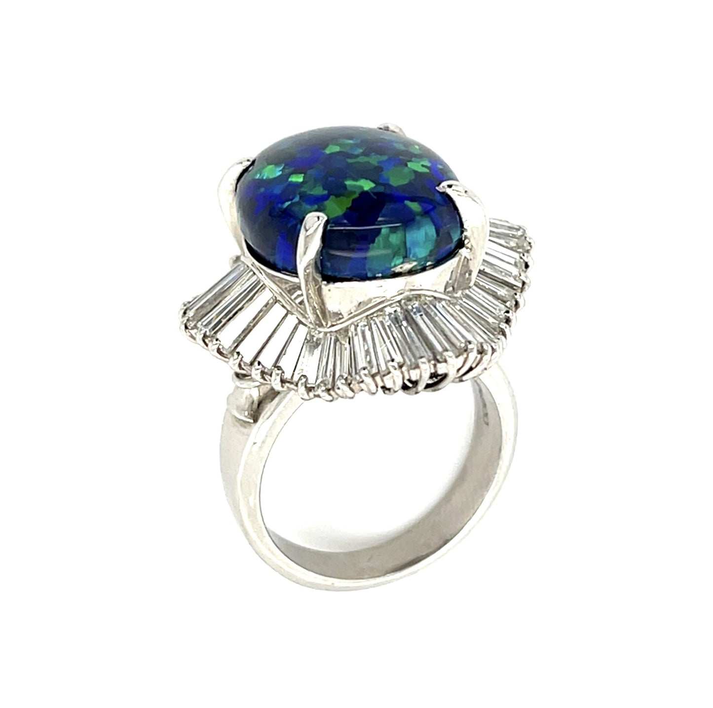 10.05ct Australian Black Opal Platinum Ring 3.20ct Baguette Diamond