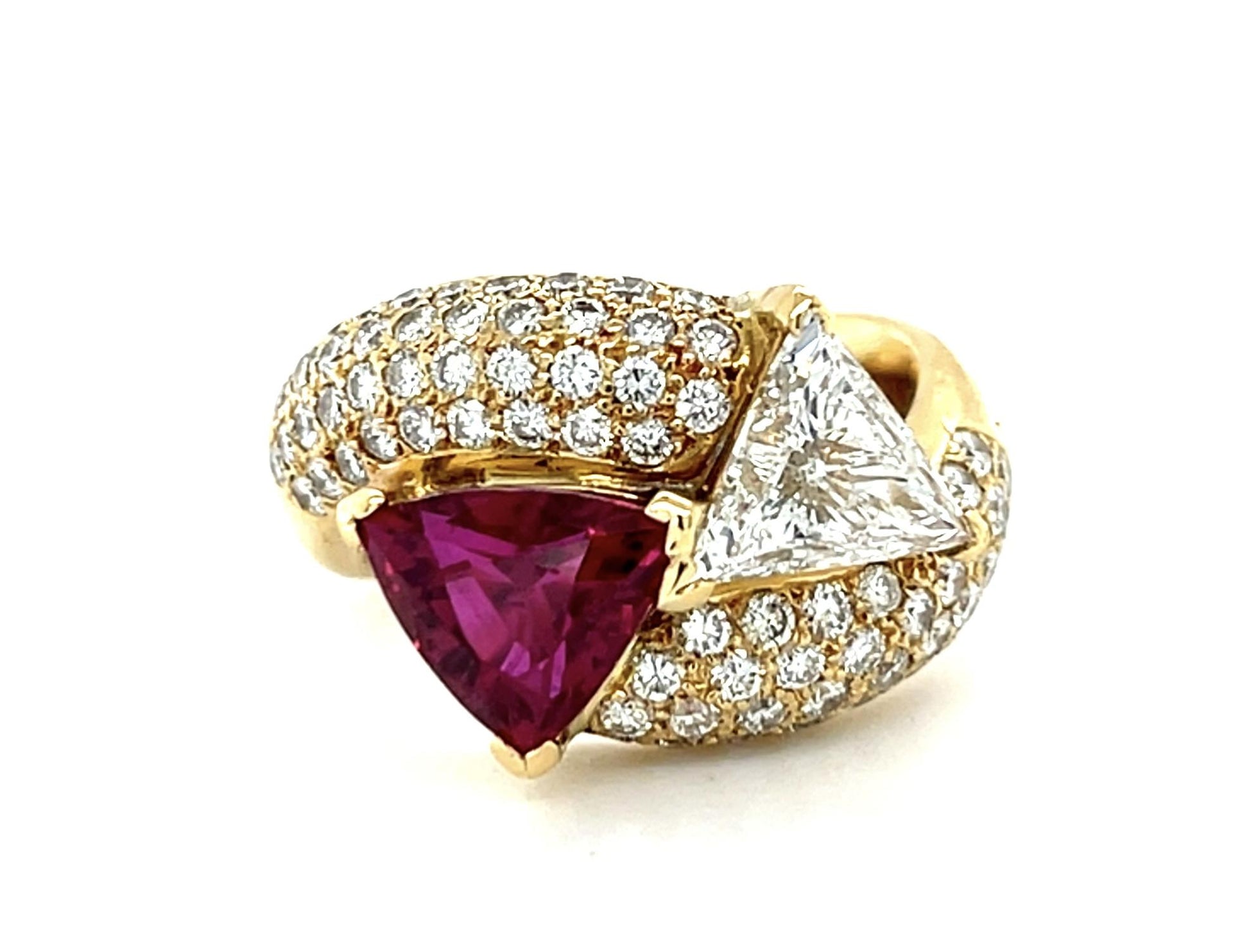 2.15ct Trillion Ruby .81ct E SI2 Trillion Diamond (Japan Cert) 18KY Bypass Ring