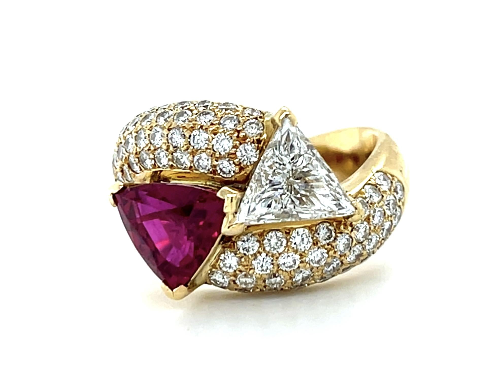 2.15ct Trillion Ruby .81ct E SI2 Trillion Diamond (Japan Cert) 18KY Bypass Ring