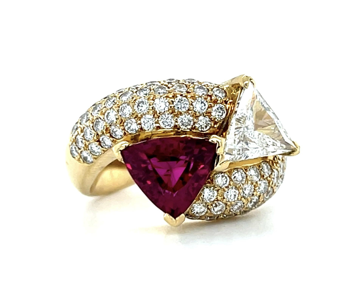 2.15ct Trillion Ruby .81ct E SI2 Trillion Diamond (Japan Cert) 18KY Bypass Ring