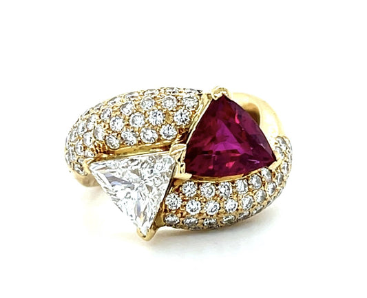 2.15ct Trillion Ruby .81ct E SI2 Trillion Diamond (Japan Cert) 18KY Bypass Ring