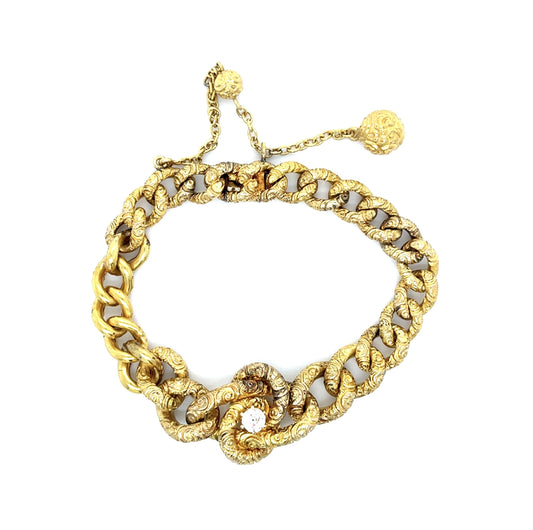 Original Victorian .30ct Old Mine Diamond Engraved 14KY Link Bracelet