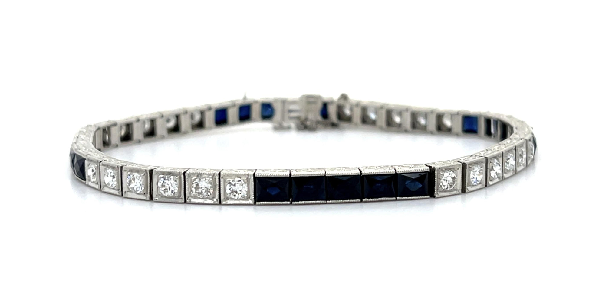 Original Art Deco 2.75ct Diamond 8.50ct No Heat French-cut Sapphires PT Bracelet