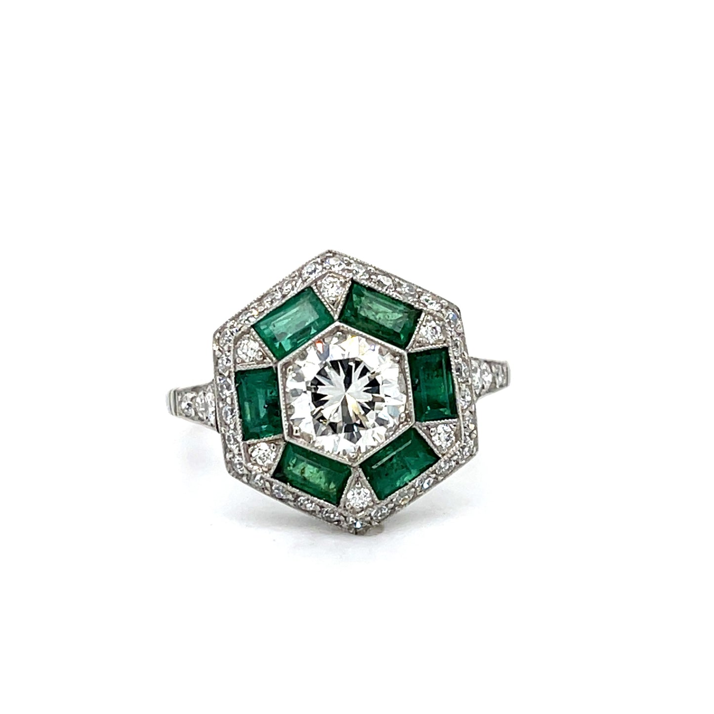 1.10ct Diamond 1.80ct Emerald Platinum Handmade Ring