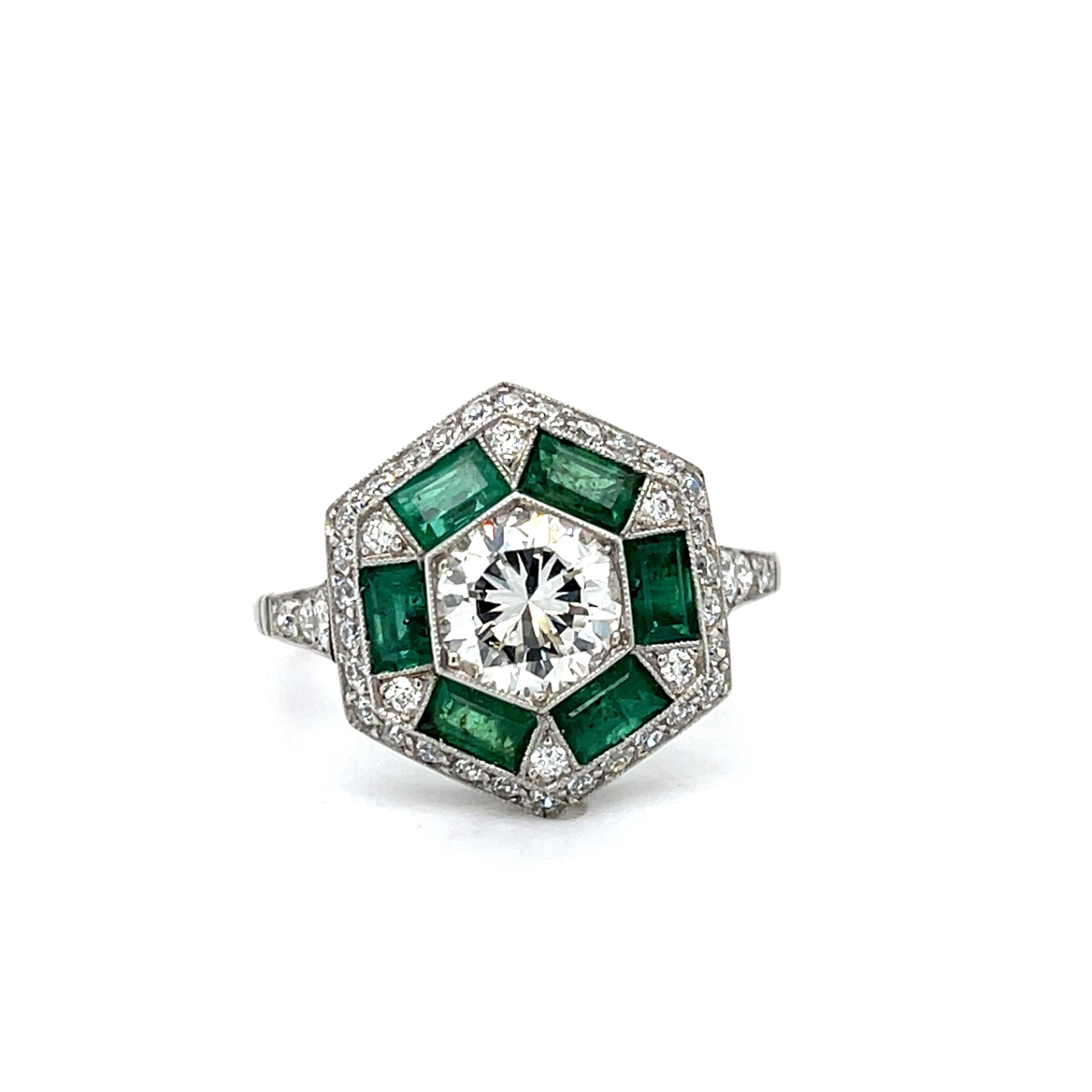 1.10ct Diamond 1.80ct Emerald Platinum Handmade Ring