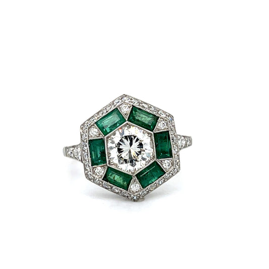1.10ct Diamond 1.80ct Emerald Platinum Handmade Ring