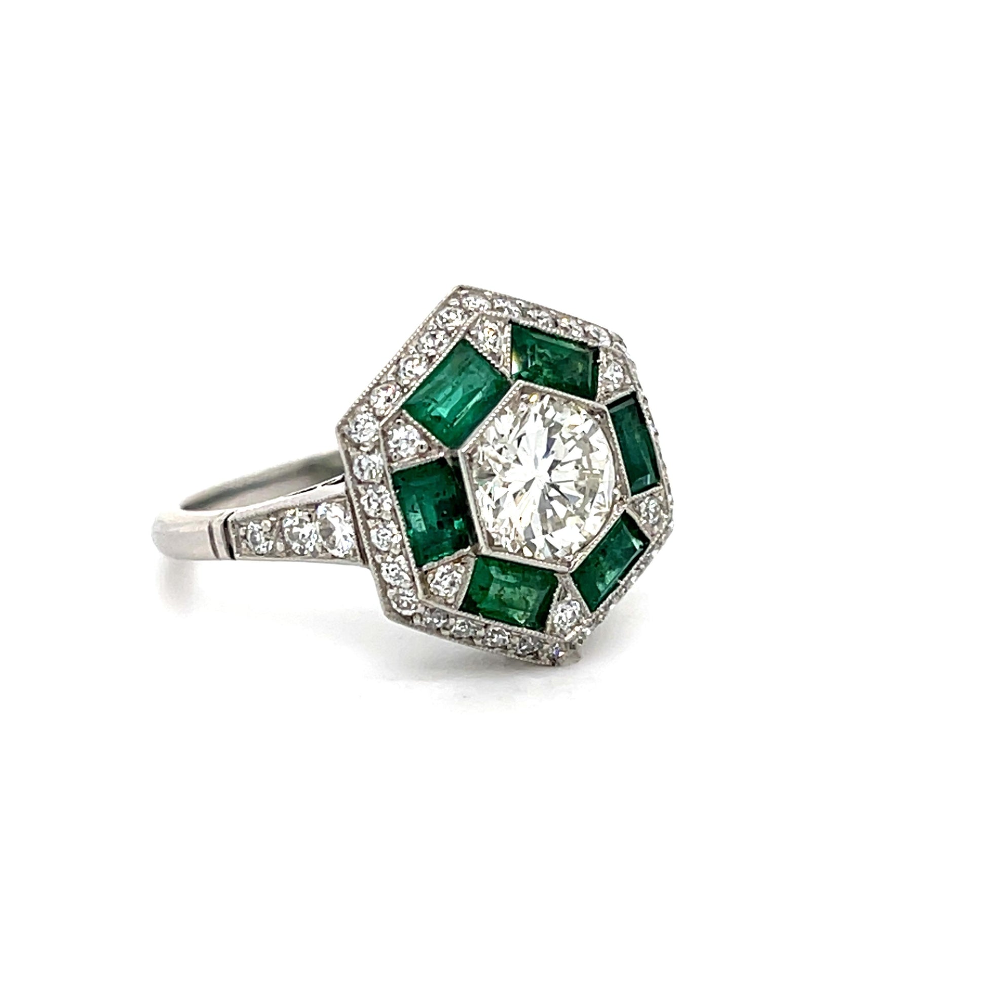 1.10ct Diamond 1.80ct Emerald Platinum Handmade Ring
