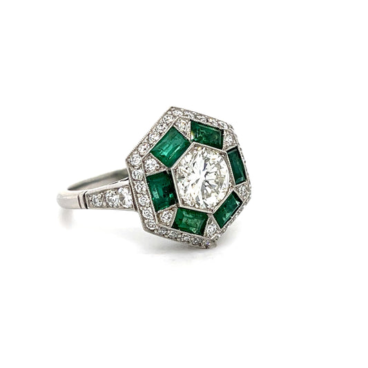 1.10ct Diamond 1.80ct Emerald Platinum Handmade Ring