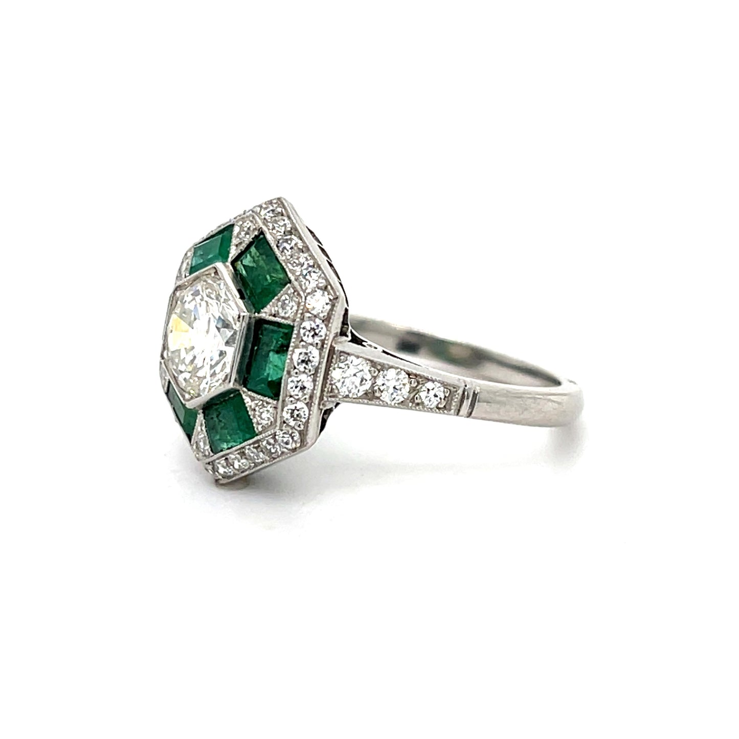 1.10ct Diamond 1.80ct Emerald Platinum Handmade Ring