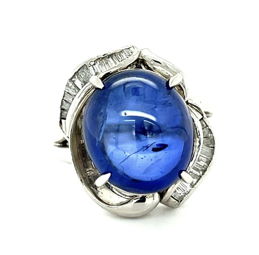 15.27ct Cabochon Sapphire Platinum Ring .72ct Diamond 15.40g