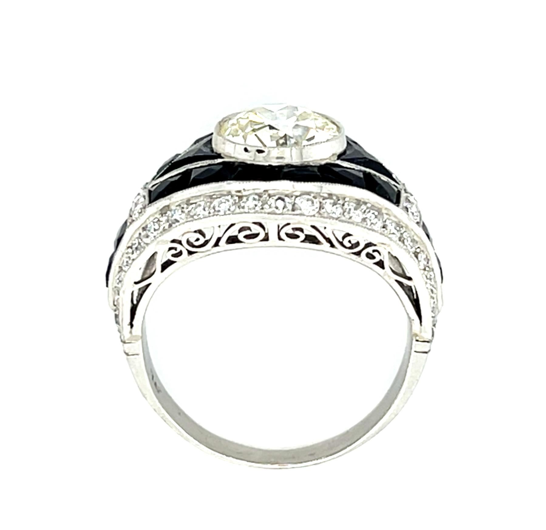 2.01ct (K-L VS) Old European Diamond 2.50ct French-cut Onyx PT Handmade Ring