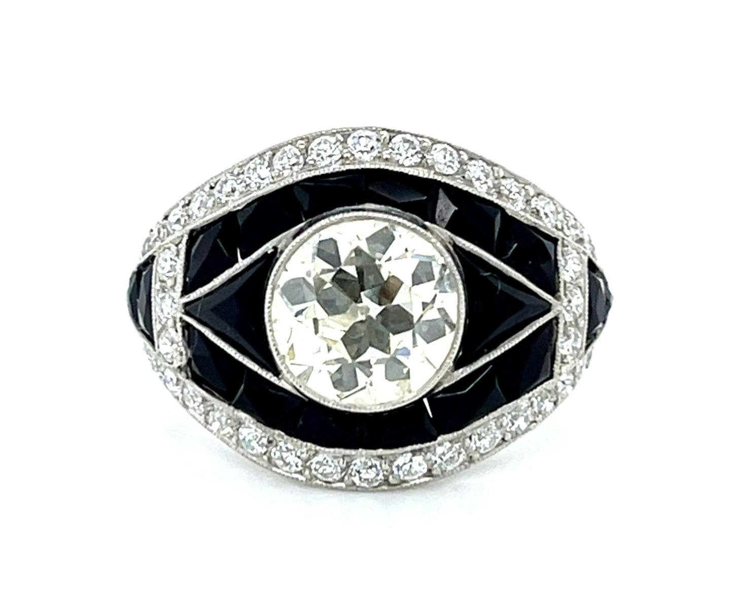 2.01ct (K-L VS) Old European Diamond 2.50ct French-cut Onyx PT Handmade Ring