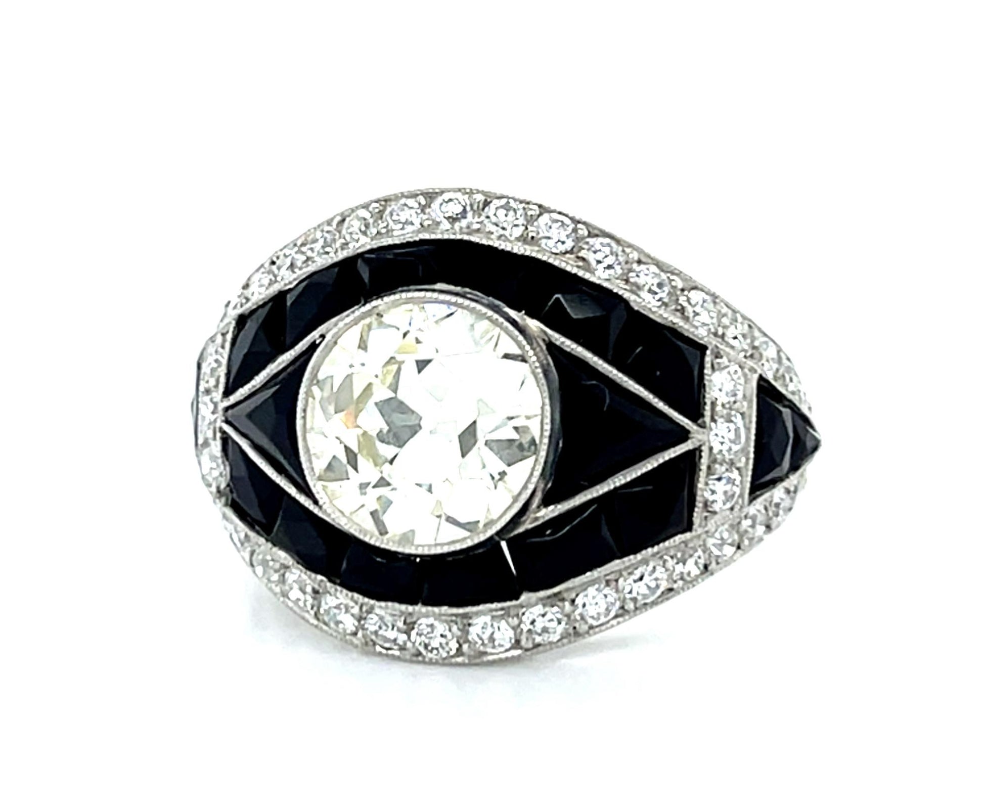 2.01ct (K-L VS) Old European Diamond 2.50ct French-cut Onyx PT Handmade Ring