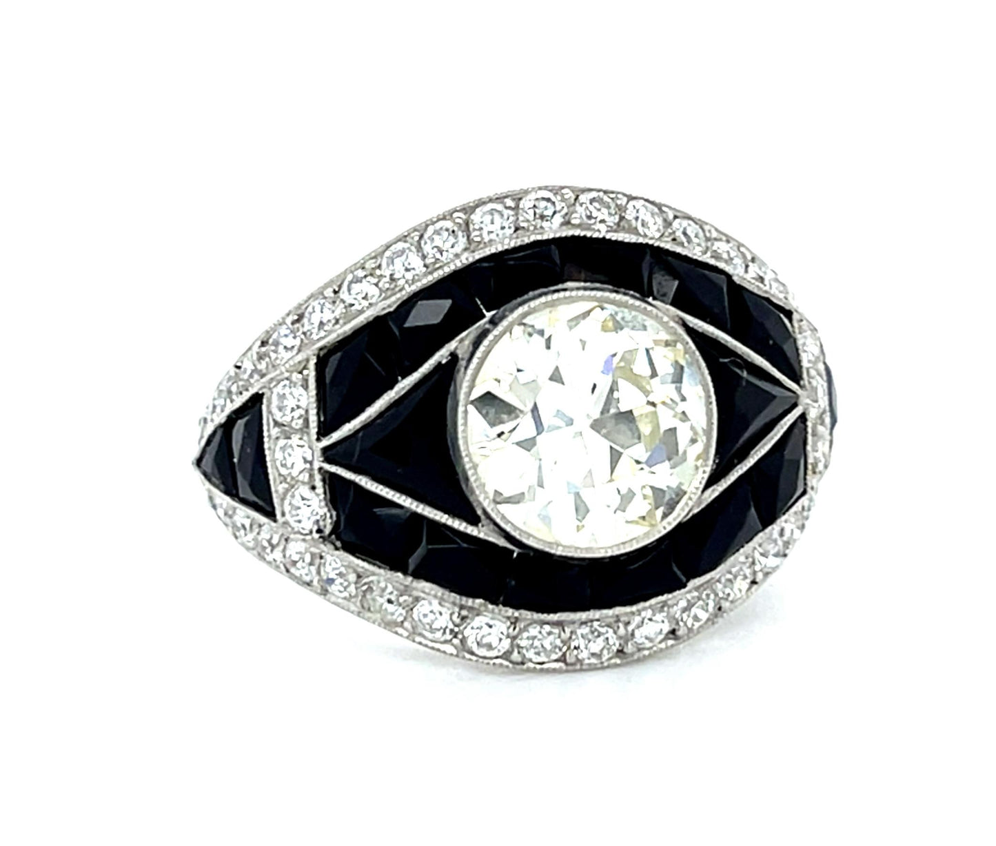 2.01ct (K-L VS) Old European Diamond 2.50ct French-cut Onyx PT Handmade Ring