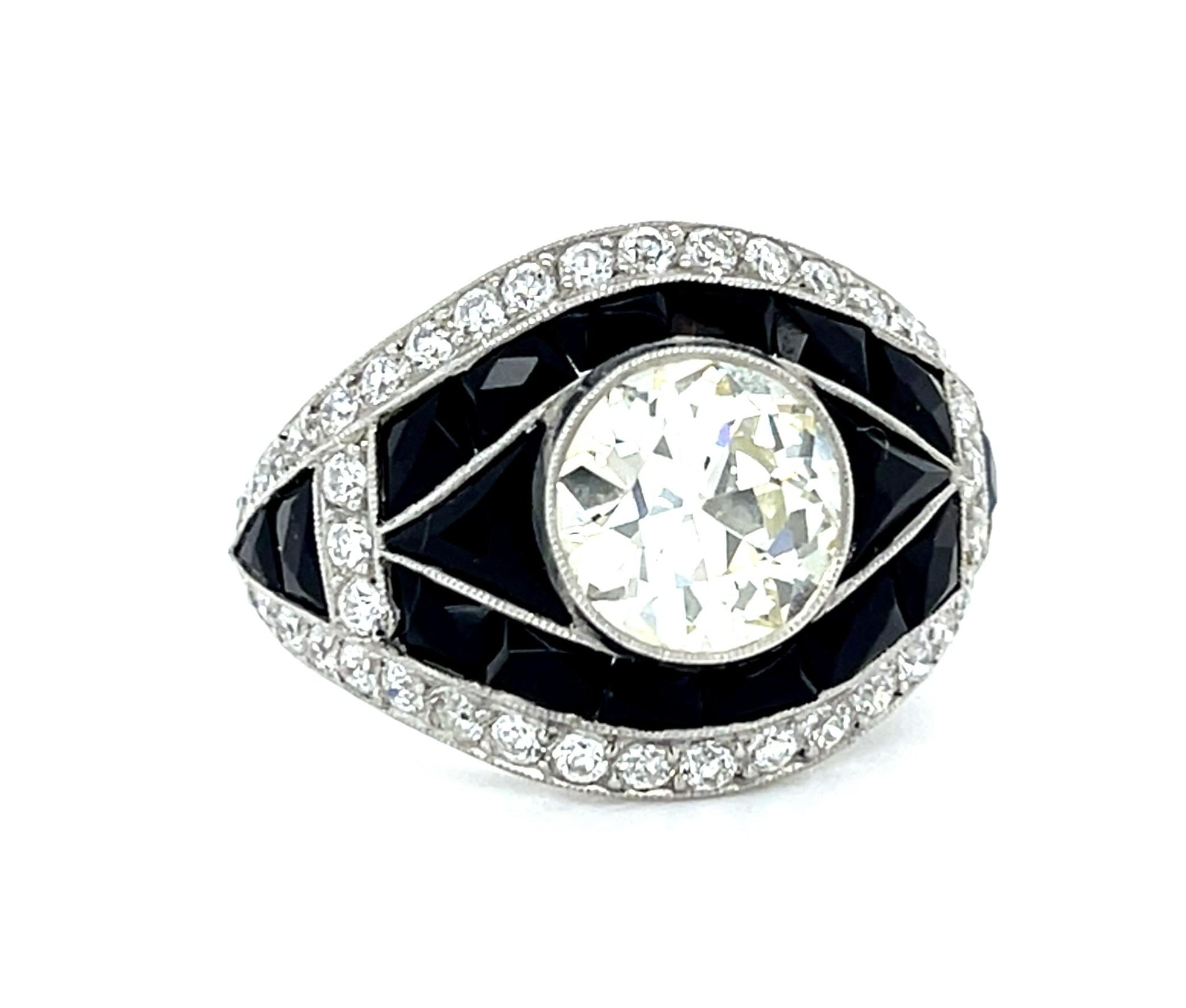2.01ct (K-L VS) Old European Diamond 2.50ct French-cut Onyx PT Handmade Ring