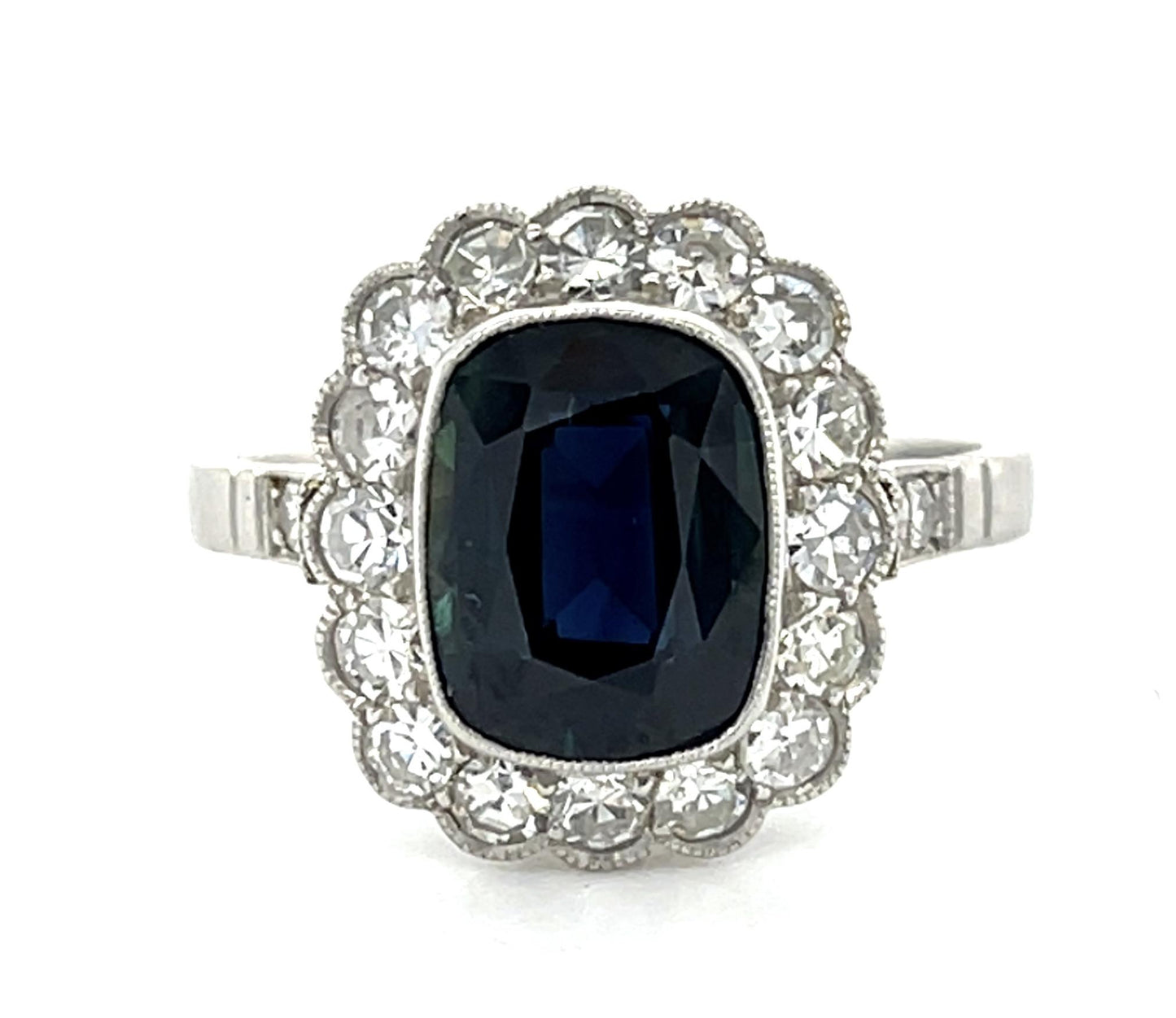 4.50ct Sapphire PT+18KY Handmade Ring 1.80ct Old European Diamond